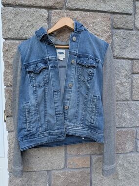 Old Navy Denim Jacket with Gray Knit Sleeves
